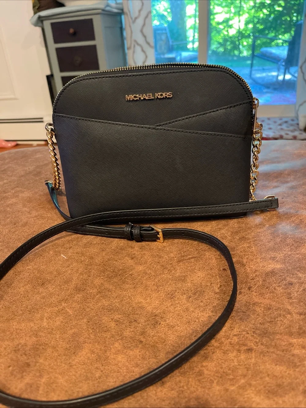 Michael Kors Black Saffiano Leather Crossbody with Gold-Tone Chain